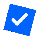 Four blue squares tilted at different angles, each containing a white checkmark symbol.