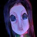 A stylized anime face with unnervingly large, dark eyes staring directly forward.