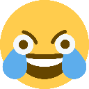 Yellow emoji face with wide, manic eyes and a broad grin, shedding large blue tears.