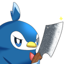 Piplup looking angry while holding a large butcher knife.