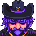Wizard with purple hair and beard wearing a black hat with a gold emblem.