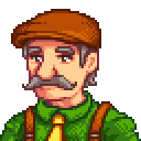 Mayor Lewis from Stardew Valley looking serious with a mustache and flat cap.
