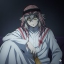 Anime boy wearing a keffiyeh with a smug and mysterious expression.