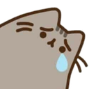 Pusheen the cat looking sad with a single blue tear falling from her eye.