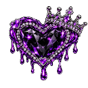 A purple heart shaped diamond with a silver crown on top and dripping jewels on a black background.