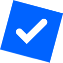 A white checkmark inside a tilted blue square.