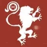 Lion standing in a rampant pose on a solid red background.