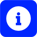 A white letter i inside a white circle on a blue square background.