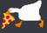 A white pixel art goose running while holding a slice of pepperoni pizza in its beak.