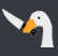A white goose with an orange beak holding a kitchen knife in its mouth.