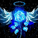 Blue rose with angel wings and a halo glowing against a dark background.