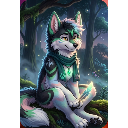 A cute anthropomorphic wolf with green and black fur wearing a scarf, sitting peacefully in a magical forest.