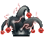 A black jester hat with red bells crackles with red electrical energy in a pixel art style.