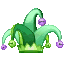 A pixel art jester hat in shades of green with small purple bells hanging from the points.