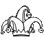 A row of four black and white line-art jester hats with bells.