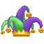 Jester hat with purple and green fabric points and golden bells attached to a gold crown base.