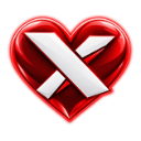 A glossy red heart shape with a large white letter X centered on it.
