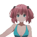 Anime girl with pink hair in a blue bikini winking and posing.