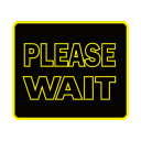 Four square icons with yellow text reading PLEASE WAIT on a black background.