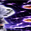 Anime character moving at high speed surrounded by purple energy trails.