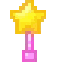 A pixel art magic wand with a yellow star head and a pink handle, surrounded by colorful sparkling stars.