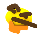 A distorted yellow face with a brown hand resting on its chin, looking skeptical.