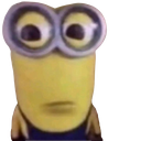A Minion with a blank, wide-eyed expression staring directly forward.
