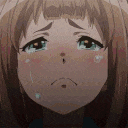 Anime girl with brown hair crying with tears streaming down her face in four stages of intensity.
