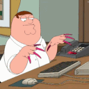 Peter Griffin sitting at a desk and gesturing with long, bright pink fingernails.