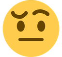 Yellow face with a raised eyebrow and a flat, straight mouth expressing suspicion.