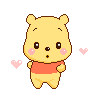 Winnie the Pooh dancing happily with pink hearts floating around him in a pixel art style.