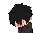 A dark-haired anime character blushing deeply while covering their face with their hands.