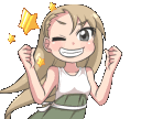 Anime girl with blonde hair dancing and winking with yellow sparkles around her.