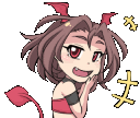 Devil girl with brown hair and red horns laughing with a mischievous expression.