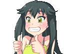 Anime girl with green hair and a flushed face giving a double thumbs up with a wide smile.