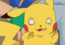 Pikachu with wide eyes and a goofy expression sticking its tongue out.