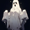 Ghost wearing a white sheet with a surprised expression and blushing cheeks.