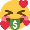 Yellow emoji face with closed eyes, blushing cheeks, and a green tongue featuring a white dollar sign, surrounded by red hea…