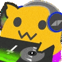 A yellow cat wearing headphones spinning records on a DJ turntable.