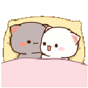 Peach and Goma cats cuddling and tucking into bed under a pink blanket.