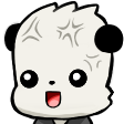 A white creature with a bite mark on its head and red anger veins showing, wearing a wide, forced grin.