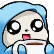 A cute, wide-eyed creature wrapped in a blue blanket happily holding a white mug of coffee.