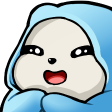 A cute white creature with a happy expression wrapped in a blue blanket.