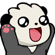 A cute white and gray creature with sparkling eyes and an open mouth raising its paws in excitement.
