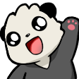 A cute white creature with large eyes and an open mouth waving with its paw.