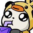 A cute character wearing a yellow duck hood sipping a purple drink through a straw.