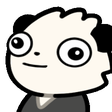 A white, hand-drawn creature with massive, circular eyes and a simple line mouth looking directly forward with a blank expre…