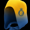 A yellow and blue gradient hoodie hood with a circular sports emblem on the side.