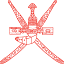 A red emblem consisting of a vertical khanjar dagger centered over two crossed swords against a black background.