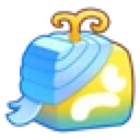 A stylized yellow and blue cube with a gold swirling handle on top.